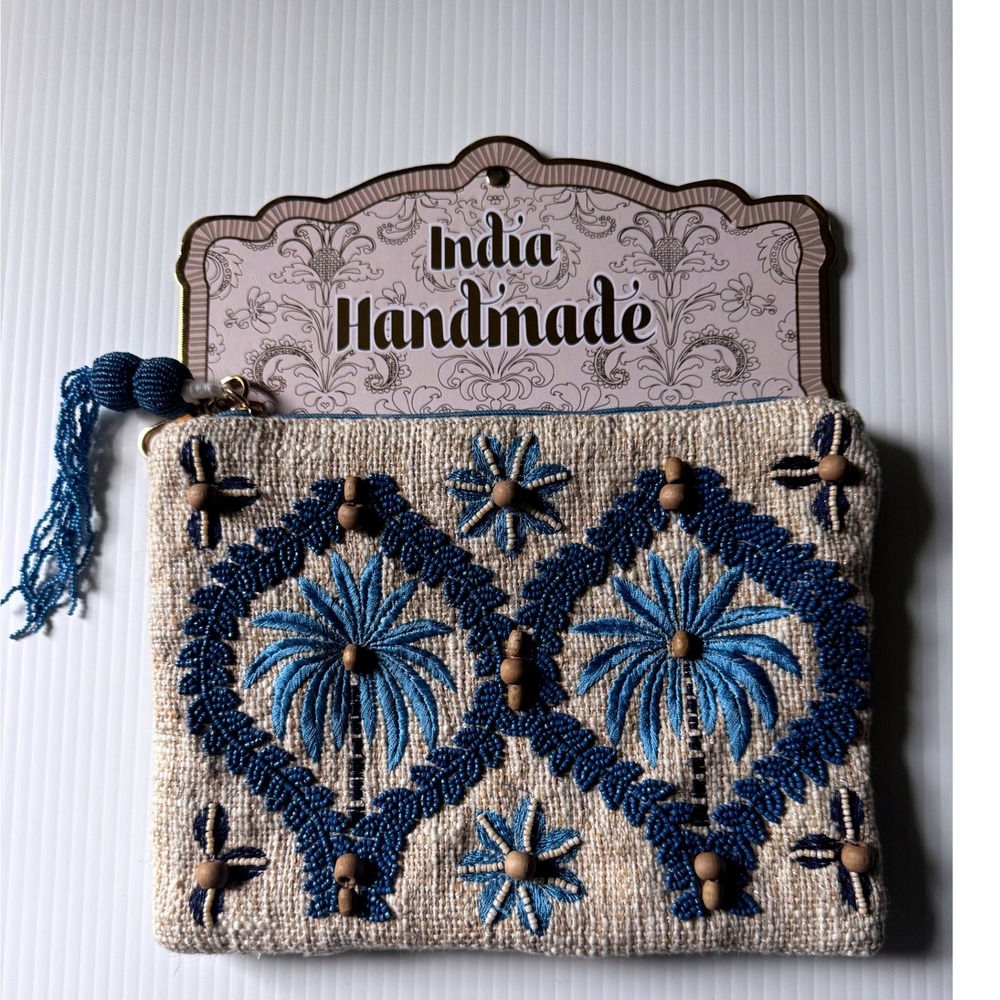 India Handmade Beaded Palm Tree Clutch Blue Tropical Boho Tassel Zipper Pouch